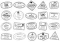 Passport stamp set. Visa stamps for travel. International airport sign. Immigration, arrival and departure symbols